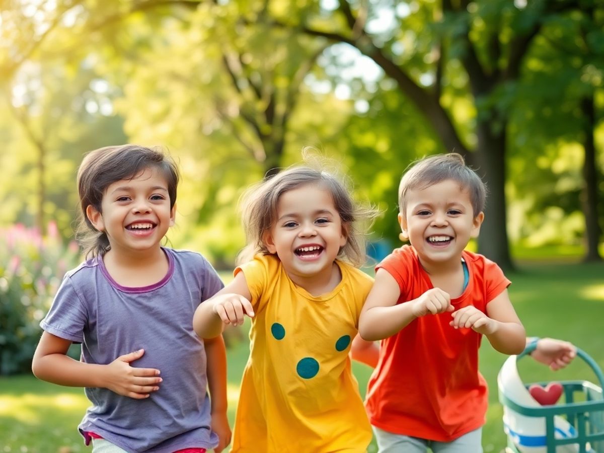 Copii fericiți jucându-se împreună în parc.