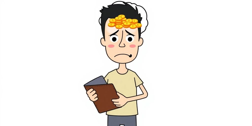 Person looks worried; empty wallet; thought bubble of money.