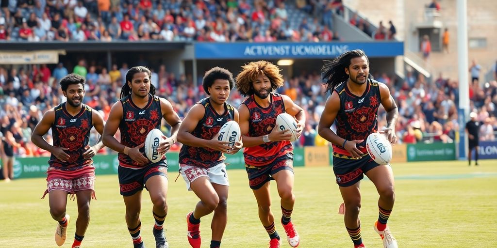 Indigenous Australian footballers in action on the field.
