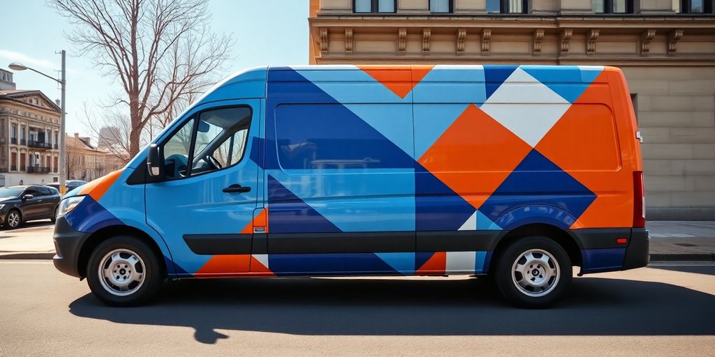 Glossy blue-and-orange wrapped delivery van parked on empty urban street