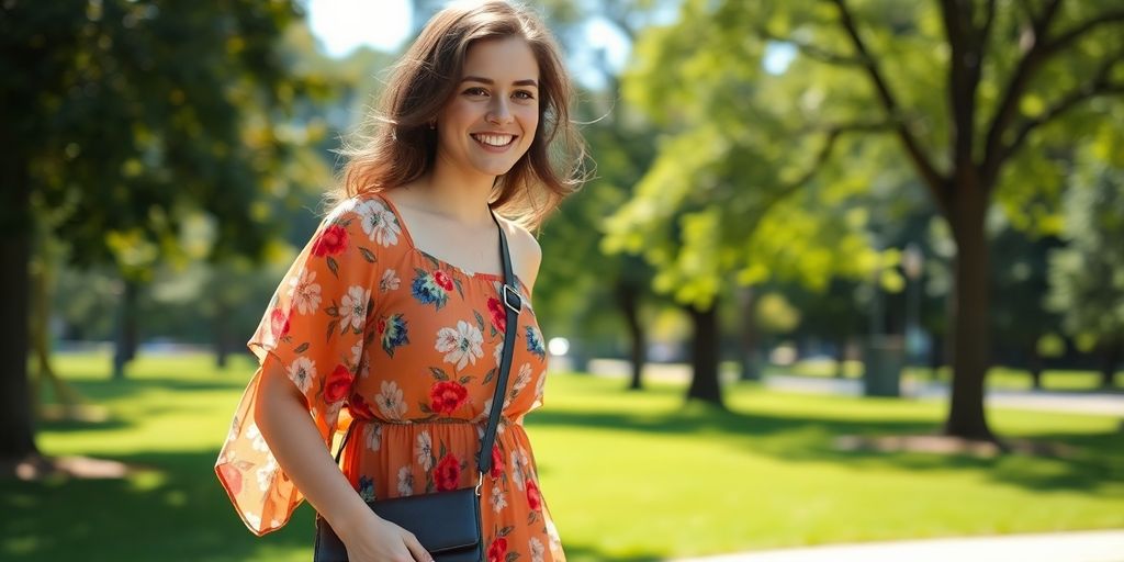 Woman in floral dress, sunny park.