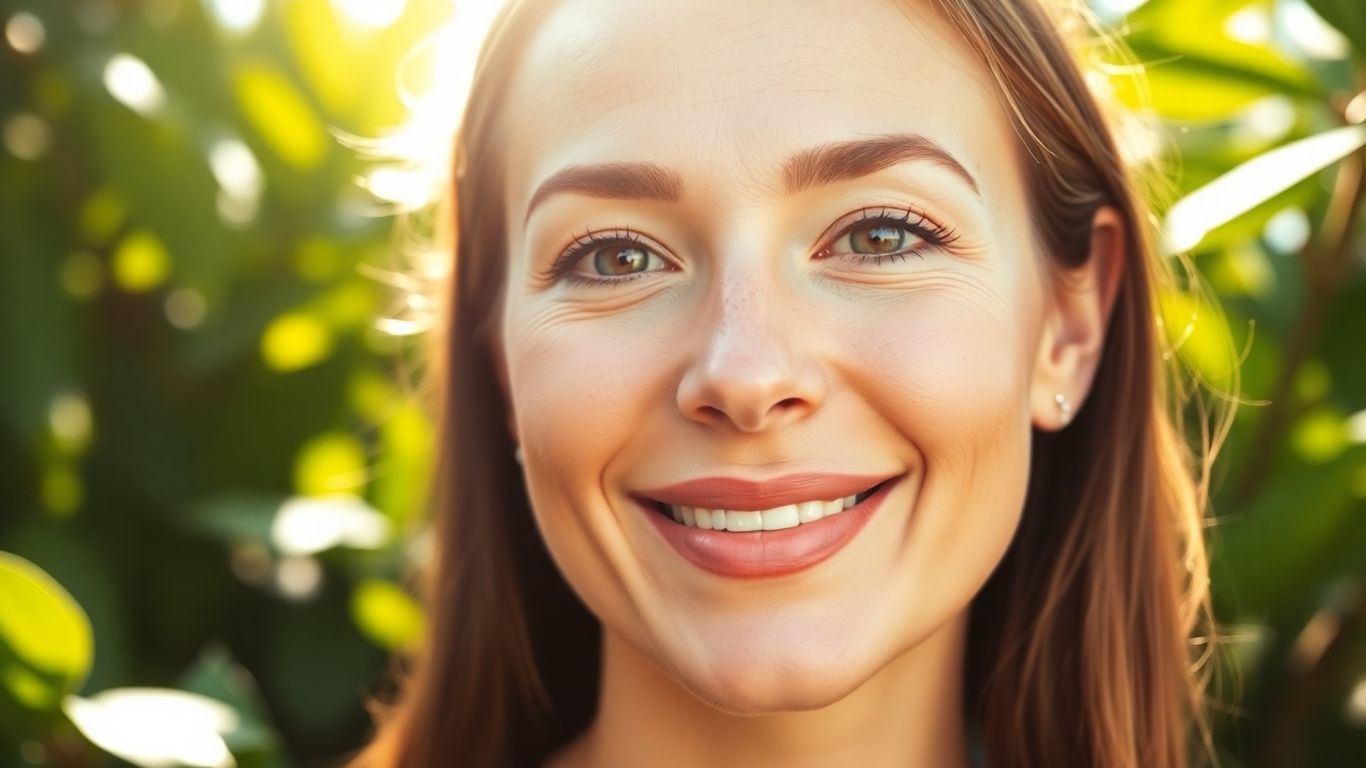 Woman with radiant, healthy skin bathed in natural light.