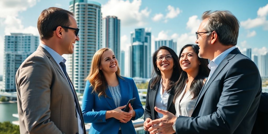 Real estate professionals networking in Miami's skyline.
