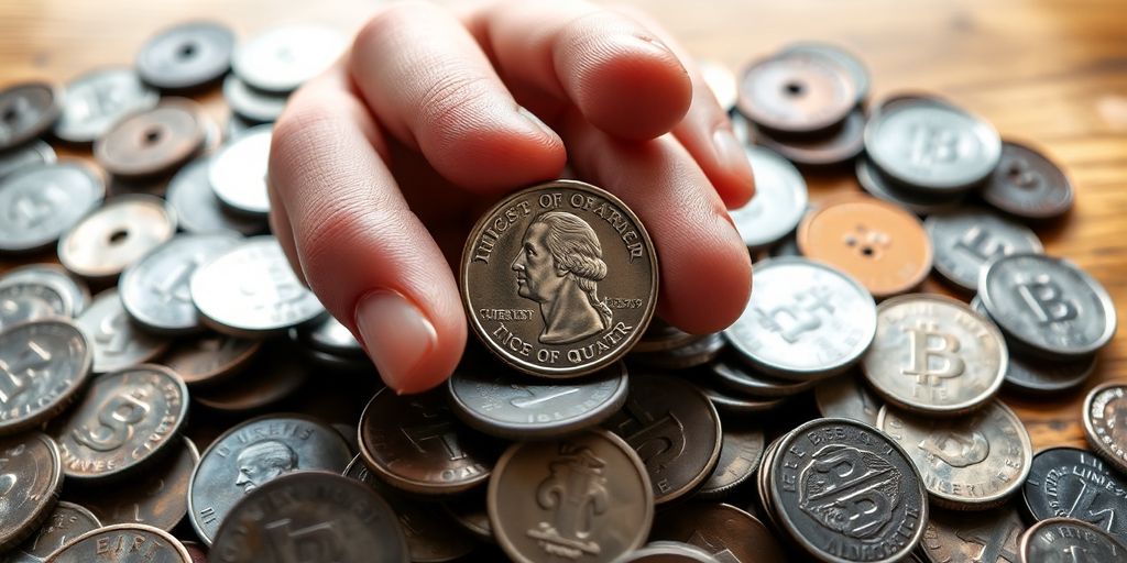 Hand holding a rare quarter over assorted coins.