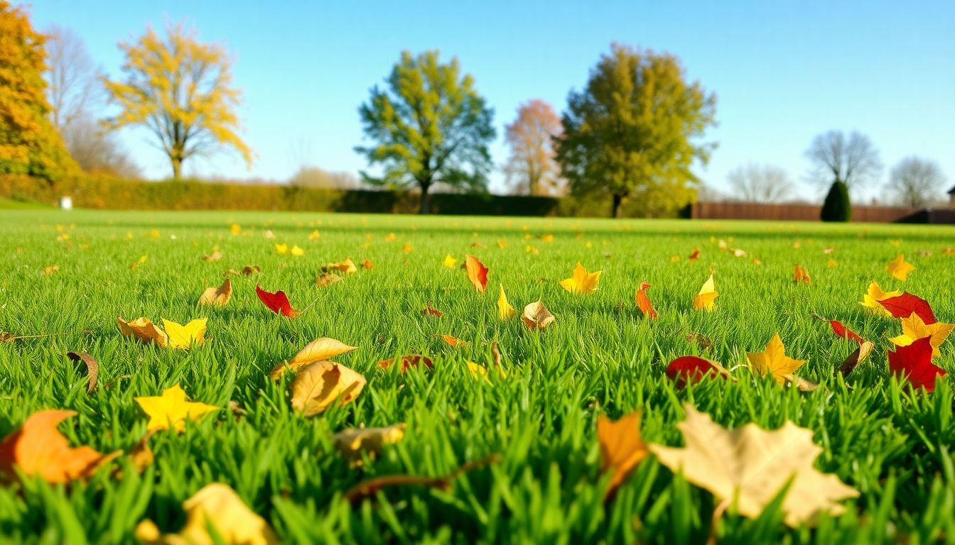 Autumn lawn with green grass and fallen leaves.