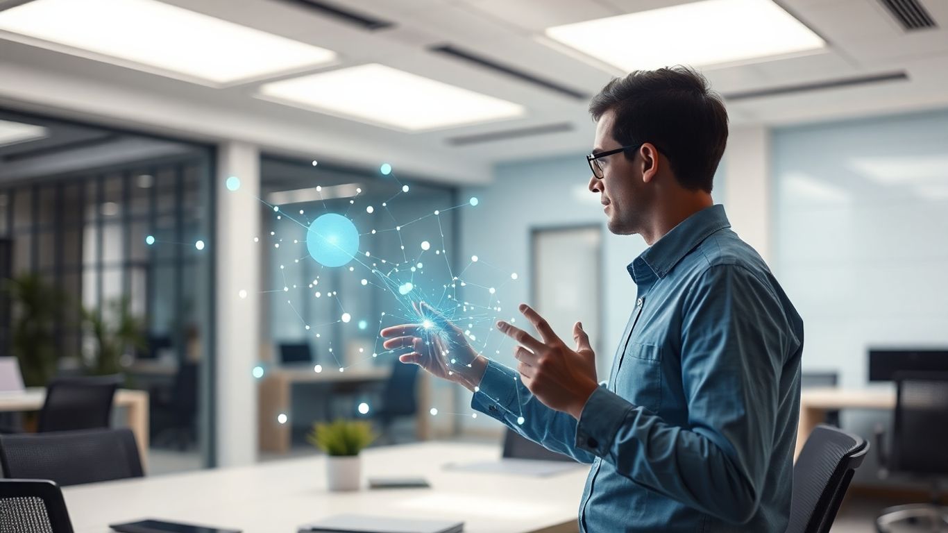 Person interacting with glowing digital patterns in an office.