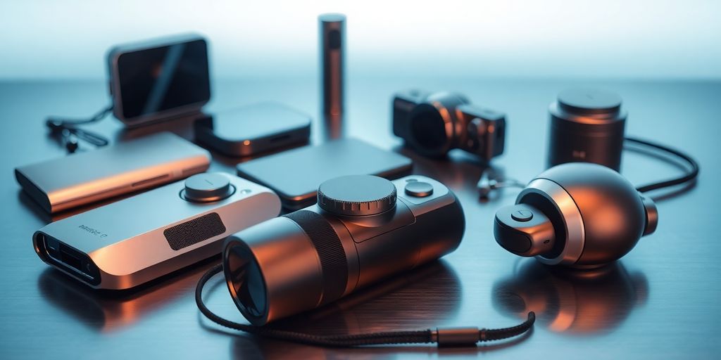 Sleek, futuristic gadgets on metallic surface, soft lighting.