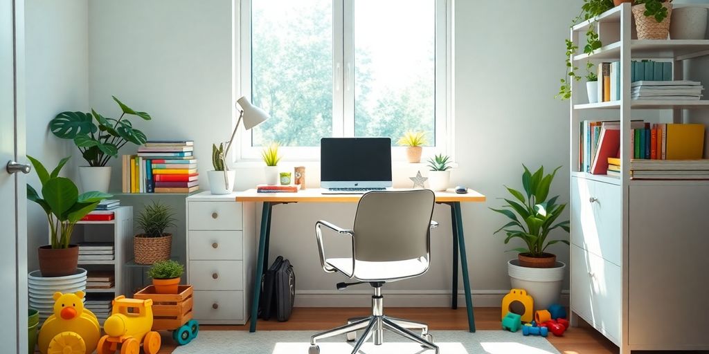 Home office with laptop, books, and kids' toys.