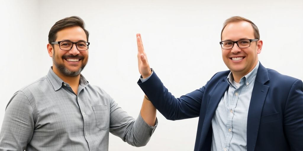 Business owner smiling, high-fiving GrowMatic consultant.
