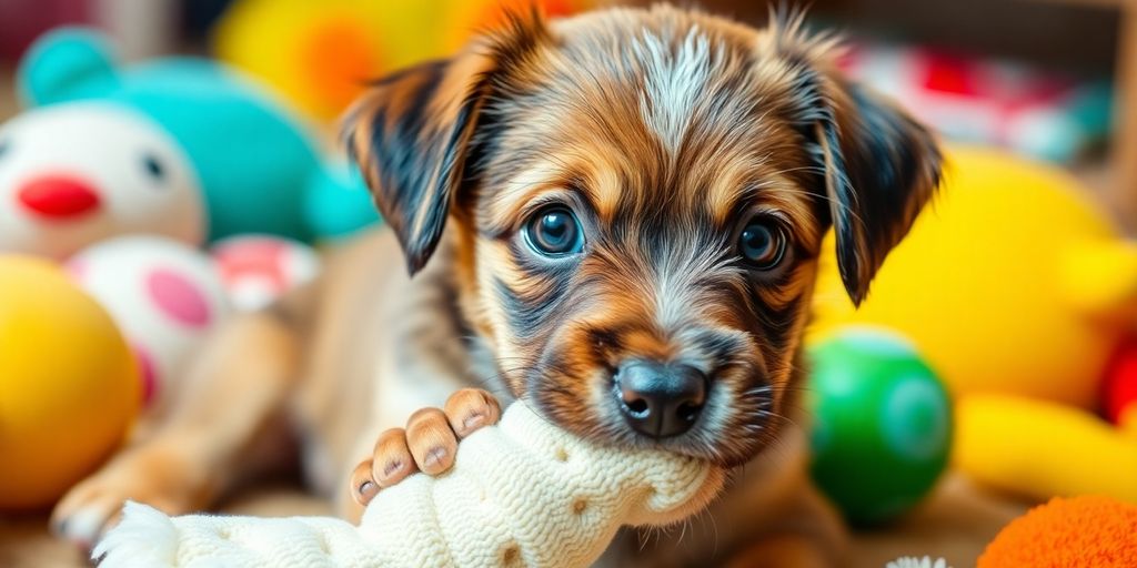 Playful puppy chewing on a soft toy.