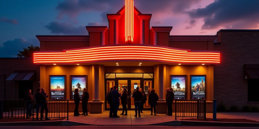 Cinema exterior at night with moviegoers and bright lights.