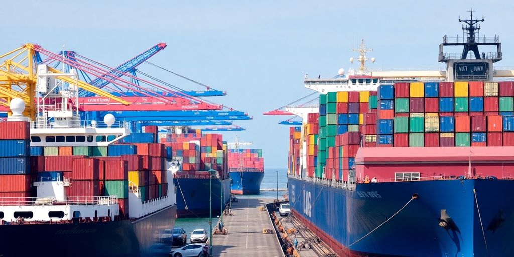 Cargo ships at a busy port with stacked containers.