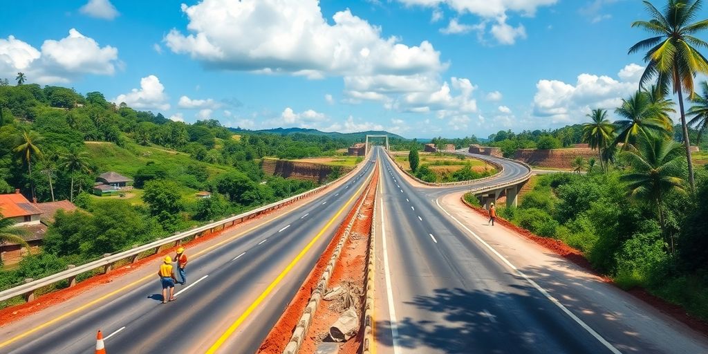 Liberia's infrastructure development with workers and natural landscapes.