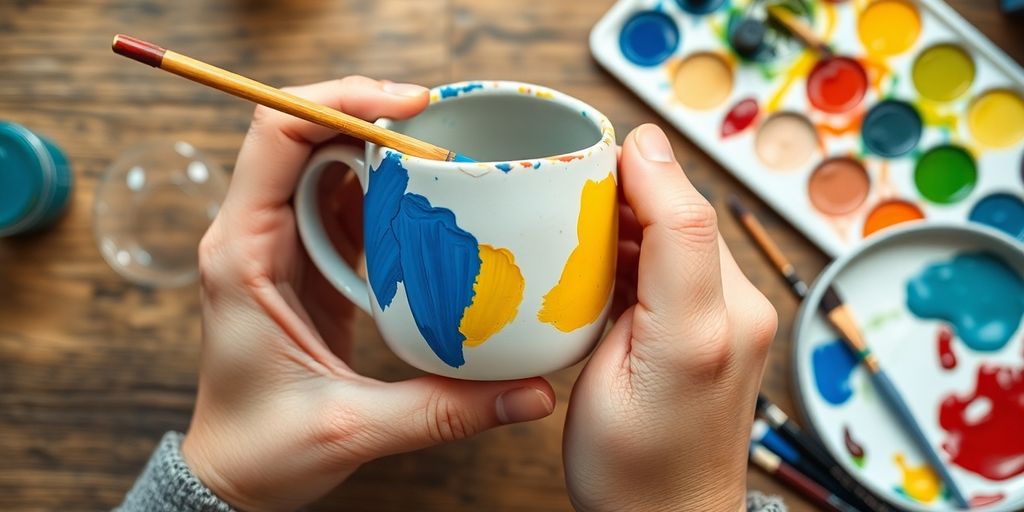 Hands painting a colorful ceramic mug with brushes.