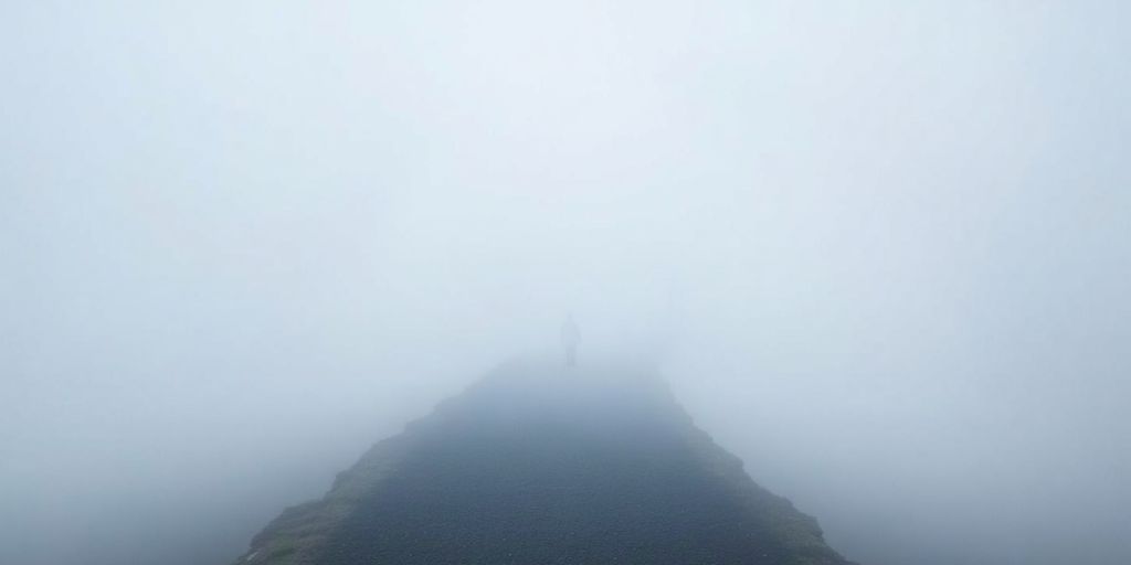 Path through dense fog, small person walking