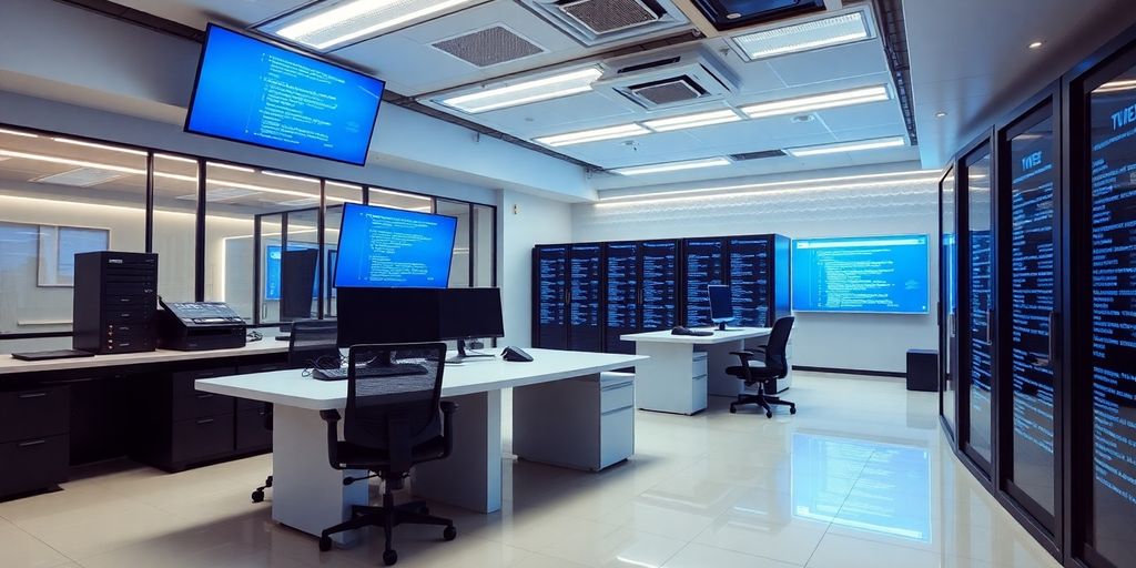 Modern cyber security office with advanced technology and servers.