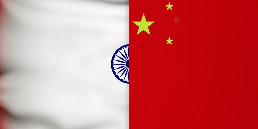 Drapeaux indien et chinois, l'un dominant l'autre.