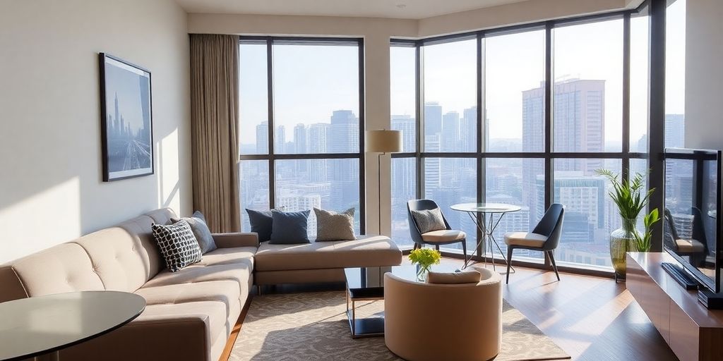 Interior of a modern Singapore apartment with city view.