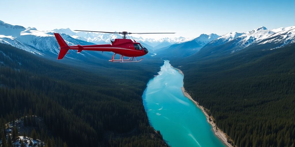 A red helicopter soaring over a snowy Alaskan mountain range.