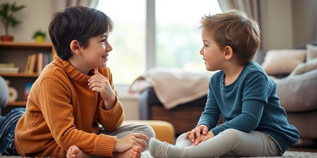 Parent and child communicating in a cozy home setting.