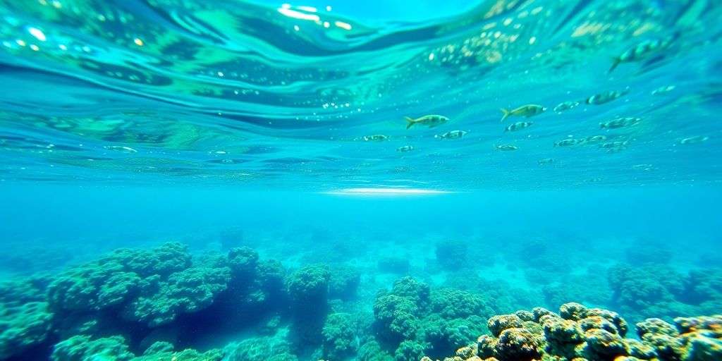 Coral reef, Tuamotu atoll, clear water, sunny sky.
