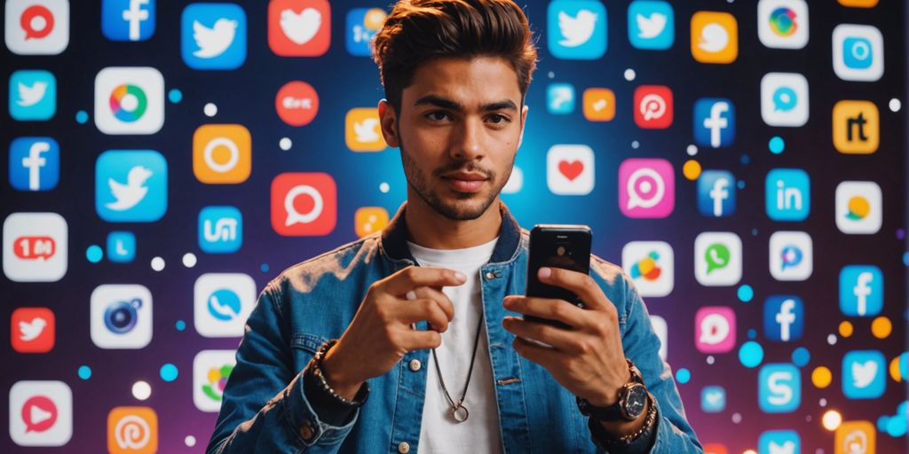 Young influencer with smartphone, social media icons, and startup graphics representing digital marketing for startups.