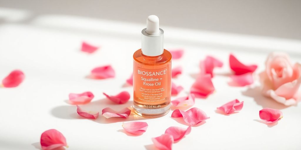 Biossance Squalane + Vitamin C Rose Oil bottle with rose petals.