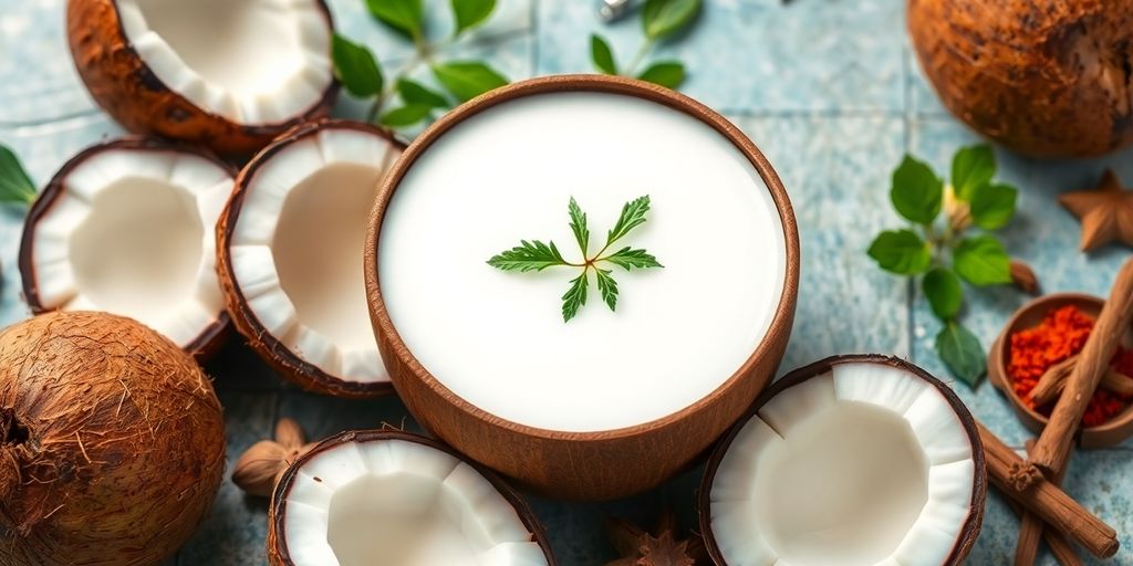 Bowl of coconut milk with fresh ingredients around it.