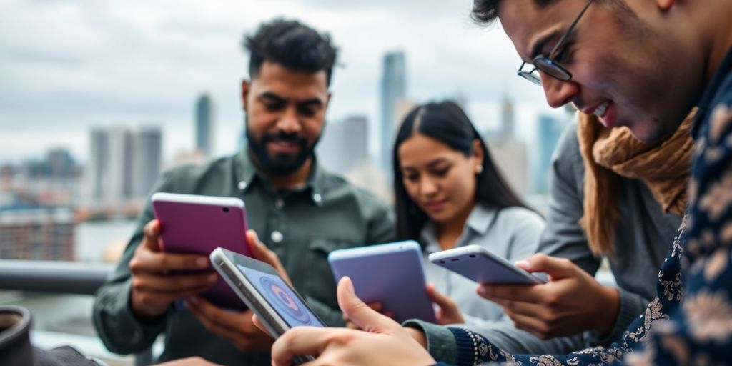 People collaborating on digital devices in a city setting.