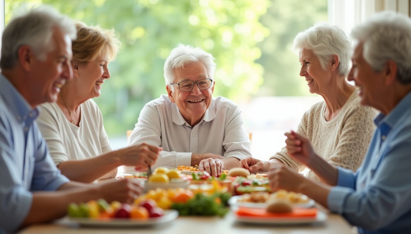 Elderly people sharing a healthy meal together.