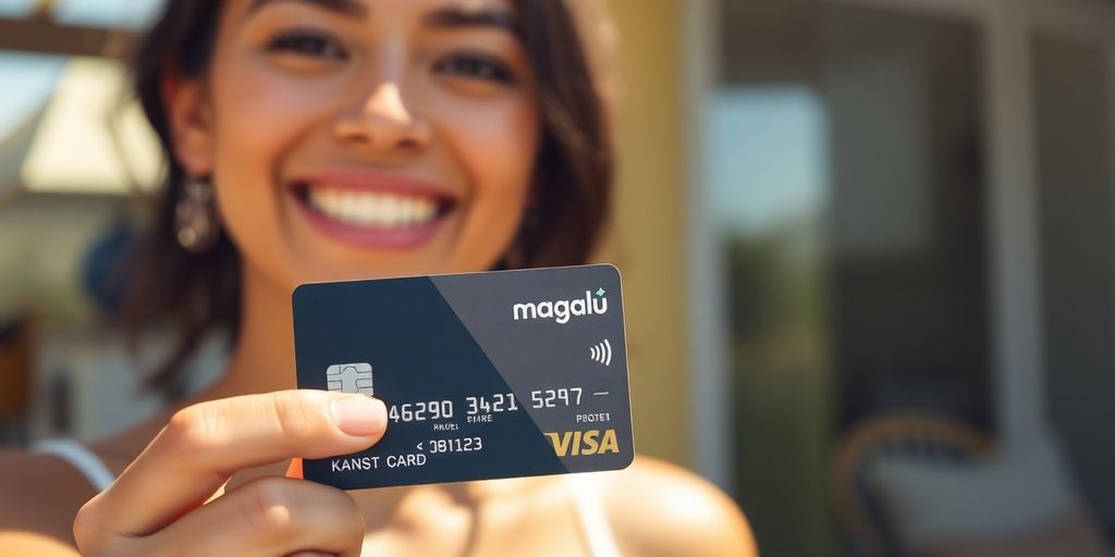 Pessoa sorrindo com cartão Magalu