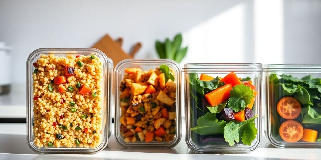 Colorful vegan meal prep containers with fresh food.
