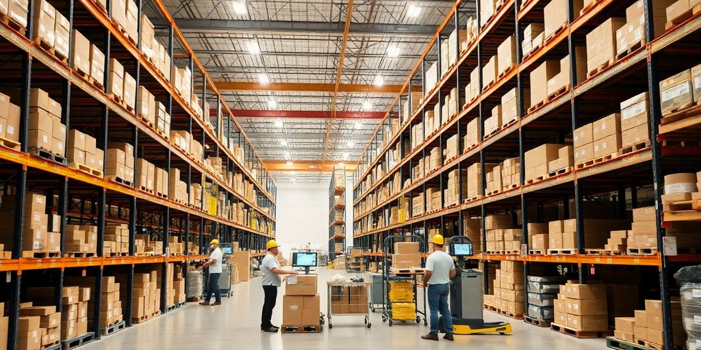 Modern warehouse interior with organized shelving and technology.