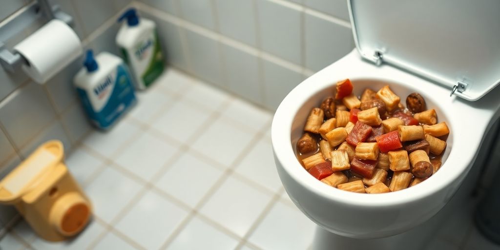 Toilet scene with undigested food and hygiene products.
