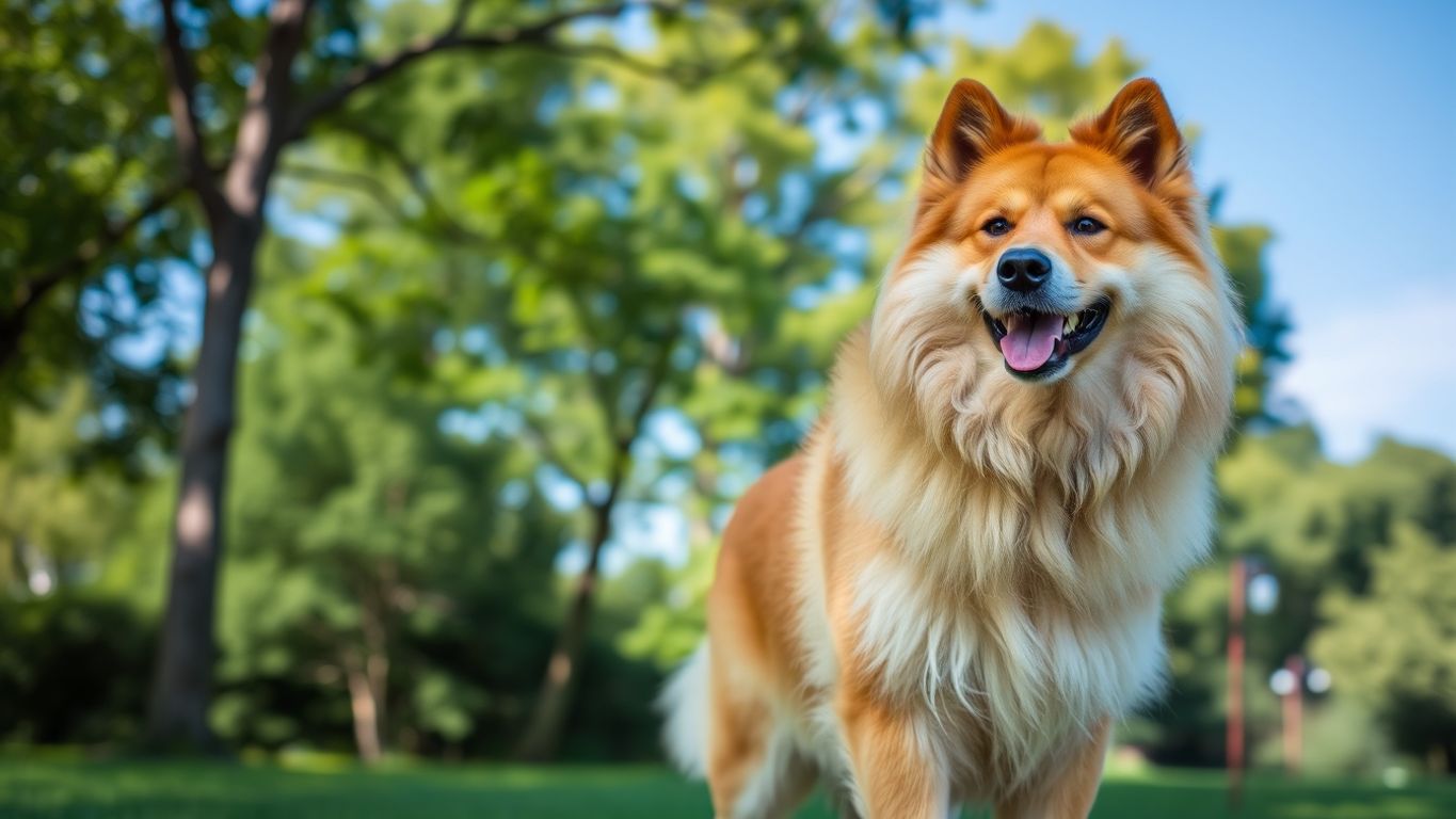 Eurasier dog in a green park, looking friendly.