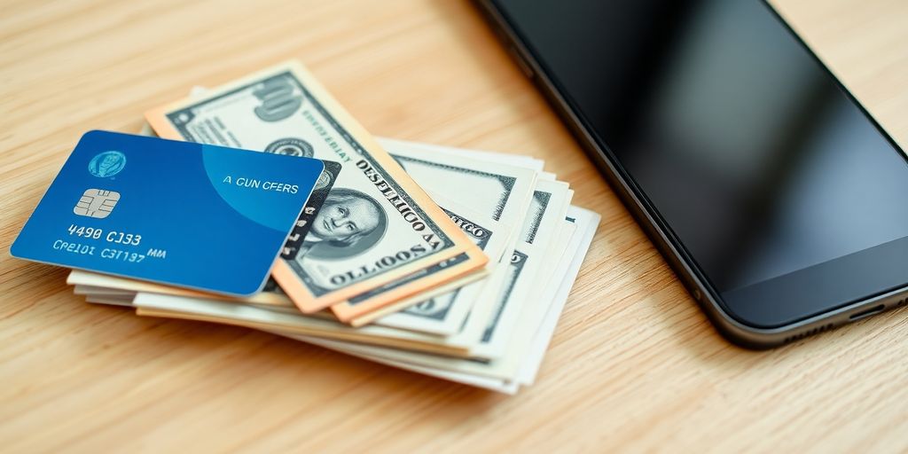 Mexican pesos, dollars, credit card, and phone on table.
