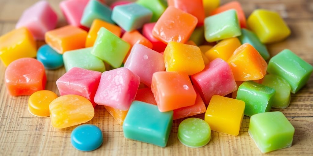 Colorful sugar-free salt water taffy on wooden surface.