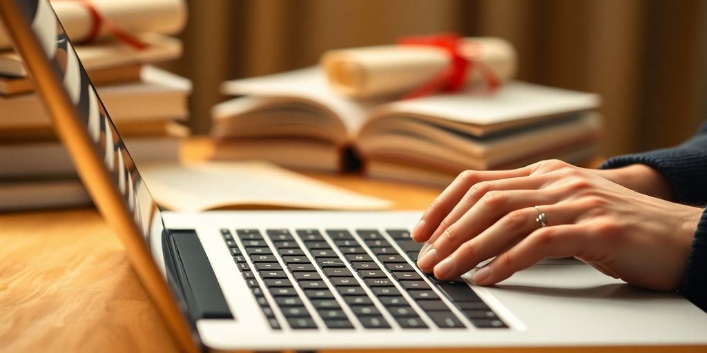 Academic writer working on a laptop, surrounded by books.