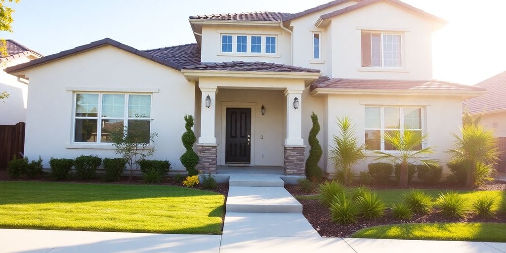 Modern house exterior with manicured lawn.