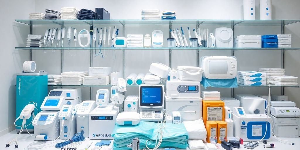 Produtos médicos dispostos em um ambiente clínico profissional.