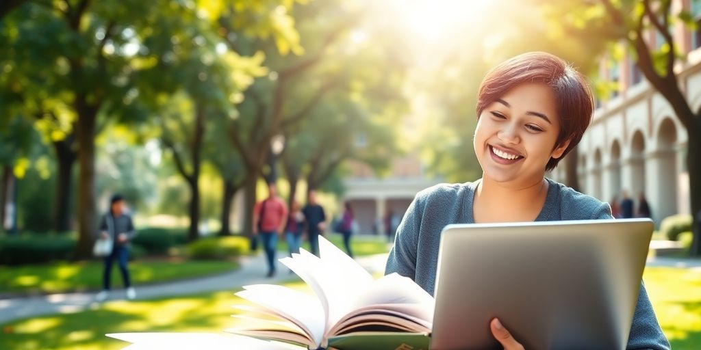 University student in a vibrant campus with natural light.