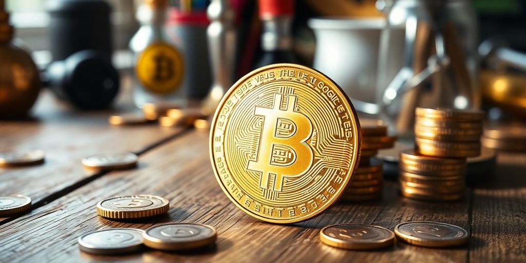 Close-up of a bitcoin coin on a wooden table.