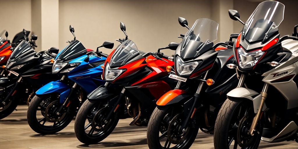 Verschiedene Motorräder in einer Reihe, unterschiedliche Designs.