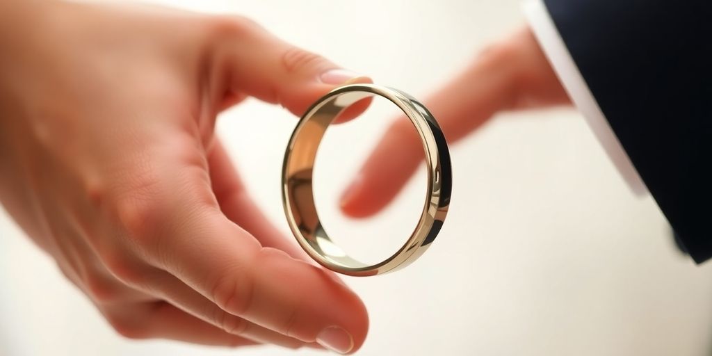 Anéis de casamento entrelaçados em fundo desfocado.