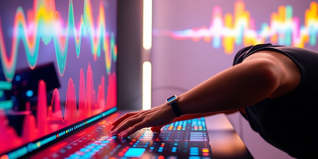 Person interacting with glowing sound wave visualizations.