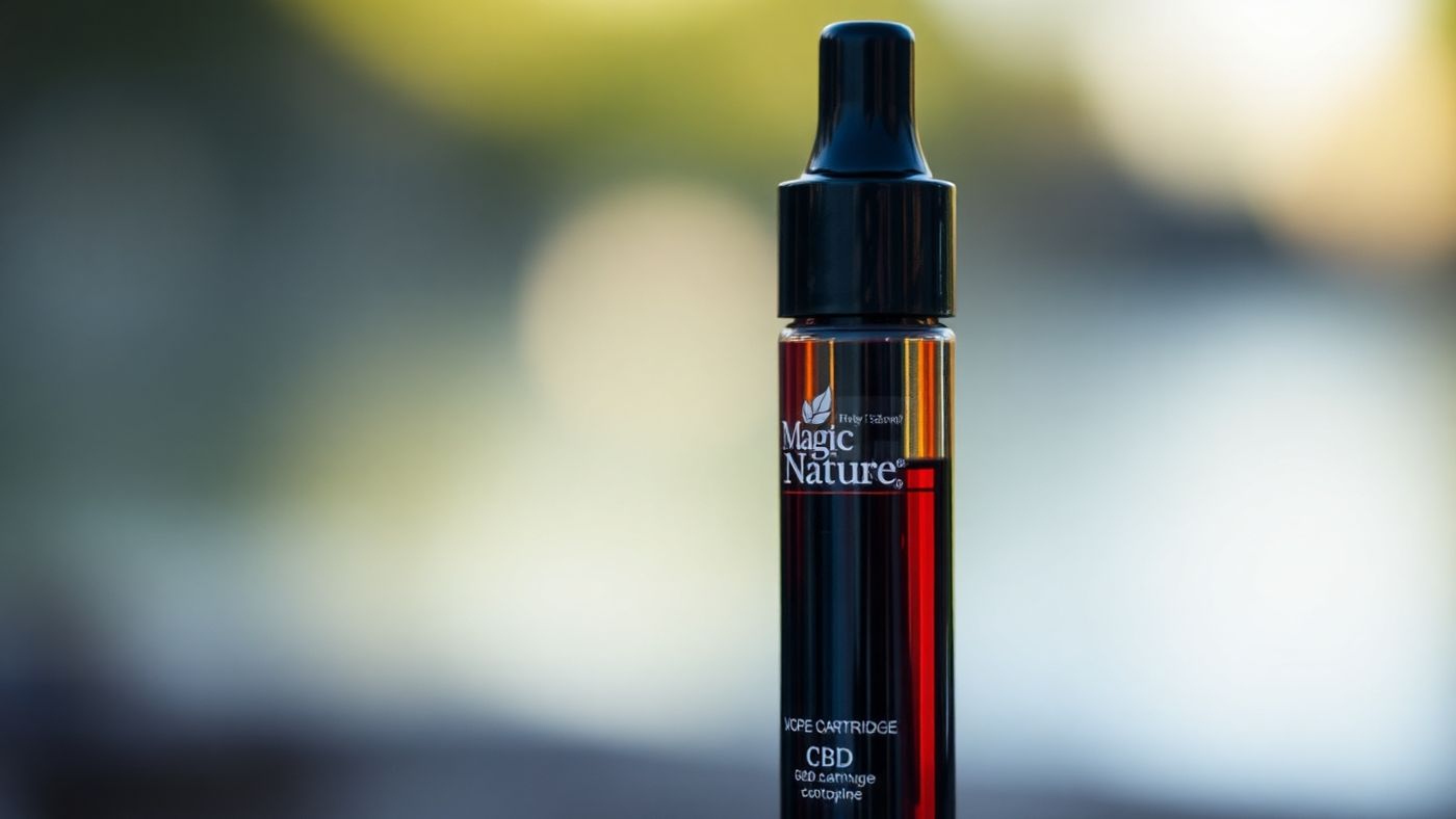 Magic Nature CBD vape cartridge against a natural background.