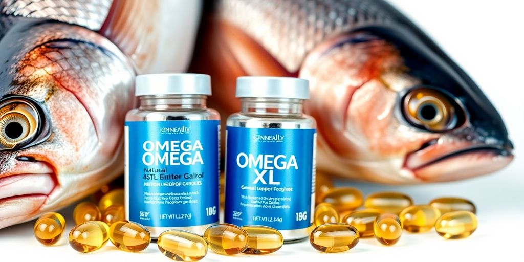 Omega XL capsules with fresh fish on a white background.