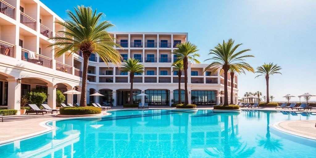 H10 Rubicon Palace im Sonnenlicht mit Pool und Palmen.