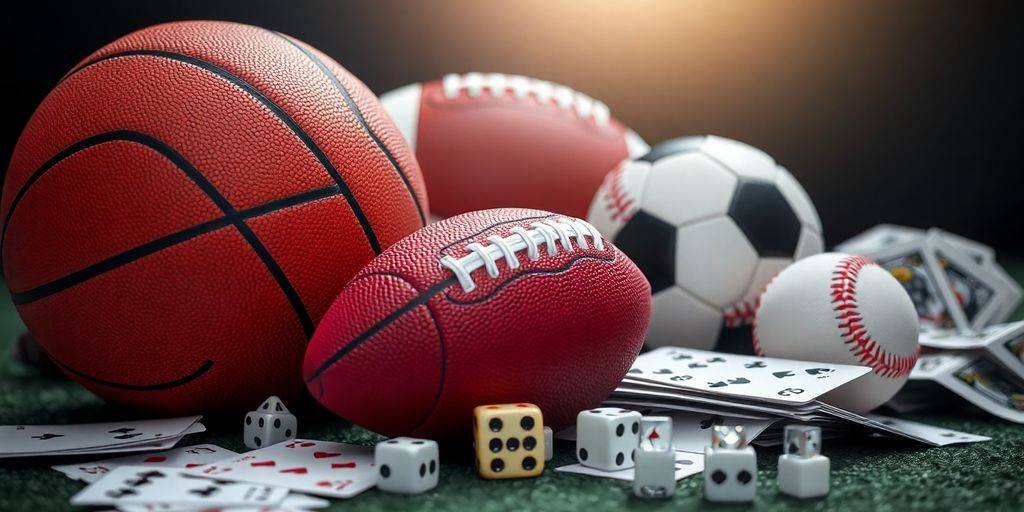 Sports betting strategy visualized with coins and dice.