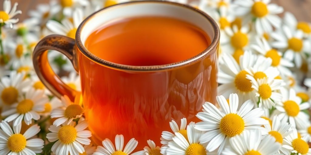 Steaming cup of chamomile tea with delicate flowers.